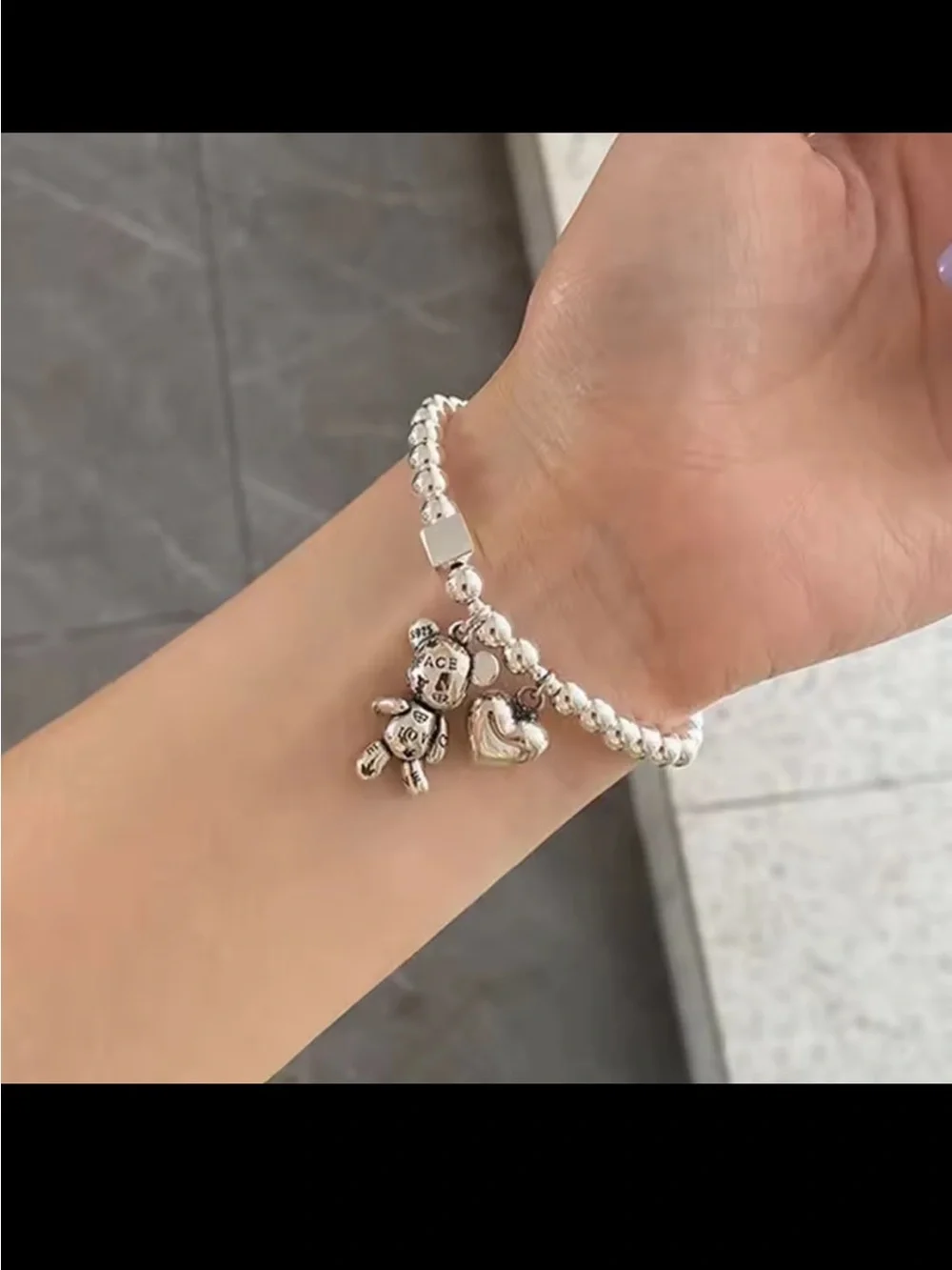Silver Beaded Bracelet with Teddy & Heart Charms